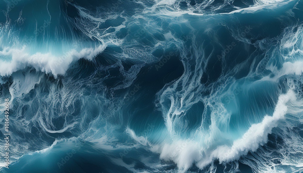 Stormy ocean water with waves and foam, top view, natural background ...