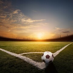 textured free soccer field in the evening light center, midfield with the soccer ball. Created with Generative AI technology.