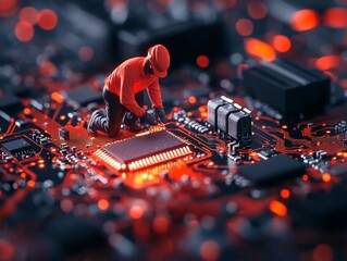 Miniature figurine fixing electronic circuit board with glowing components.