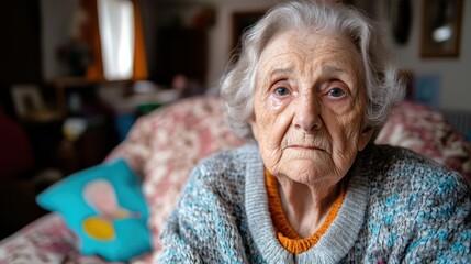 An intimate portrait of an elderly woman, her contemplative gaze gently highlighted by the soft, warm ambient lighting, conveying a deep sense of reflection and calm.