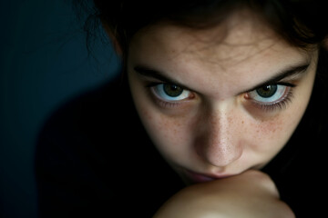 Moody teenage girl with blue eyes and freckles stares intensely, her face illuminated against a dark backdrop, capturing raw youth emotion