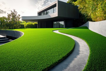 Wall Mural - Deep emerald artificial grass enhancing a modern home with a minimalist backyard and a winding concrete path