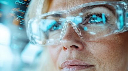 A detailed close-up of a woman's face as she wears protective goggles, her eyes focused on a task possibly related to science, engineering, or manufacturing.