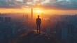 © Feeney - businessman standing atop a mountain peak overlooking a city landscape vision and success concept underscoring the achievement of reaching one s goals triumphant moment.create by F.a