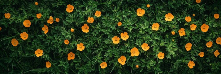 Lush Greenery with Buttercups, vibrant yellow petals among rich green grass, soft background creates a serene natural scene.