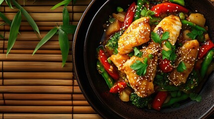 Wall Mural - A beautifully plated dish of Chinese stir-fried vegetables and fish, garnished with sesame seeds and herbs, set against a bamboo background for a touch of authenticity.