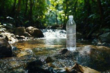 Poster - A water bottle sitting on a rock beside a flowing stream, perfect for outdoor or nature-themed projects.