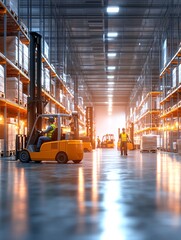 Forklift Operators Maneuver in a Bustling Warehouse Full of Stacked Pallets