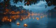 © paisorn - Tranquil river scene with floating diyas, shimmering reflections, softly illuminated skyline at dusk