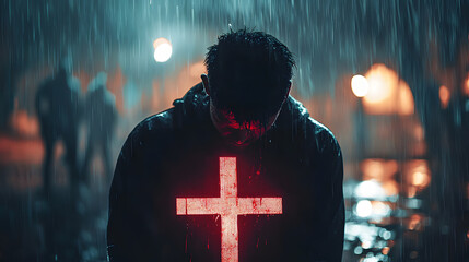 Wall Mural - Man, god and rain with depressed for mercy with plead or cry for help with test of faith with glow cross. Mental health, doubt or loss with grief, hopeless and trouble with spiritual crisis outside.