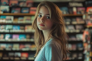 Sticker - A woman stands in front of a bookshelf, surrounded by books and possibly contemplating her next read.