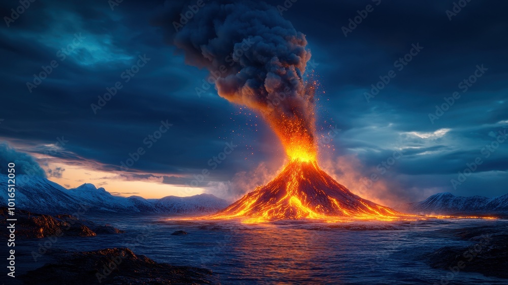 Volcano erupting with molten lava flowing down its sides, smoke and ash ...