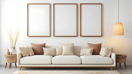 cozy modern living room interior three empty vertical frames on white wall minimalist white sofa with beige pillows soft ambient lighting sleek decor accents