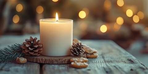 Wall Mural - A lit candle sits on top of a wooden table, providing soft warm light.