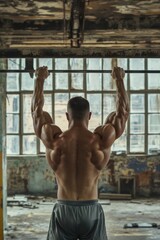 Canvas Print - A man stands in front of a window, holding a bar.