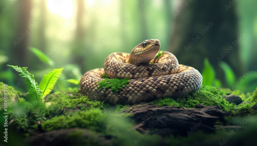 Snake Blending In Camouflaged Snake Coiled in Dense Forest, Intricate Scale Texture ...