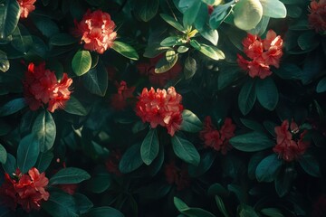 Canvas Print - A bush of red flowers with green leaves, great for nature and outdoor scenes.