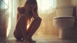 © Godam - Young woman sitting on the bathroom floor looking distressed in sunlight