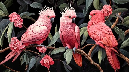 Poster - Pink Cockatoos Perched on a Branch in a Lush Tropical Setting