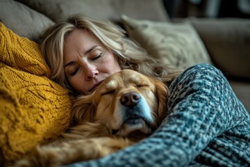 Poster - A woman is lying down on a couch with her dog beside her.