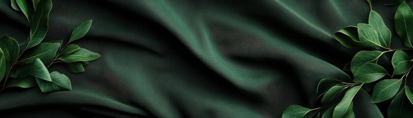 Opulent green velvet with leaves, soft fabric texture, evoking a serene and natural beauty, empty space for advertising