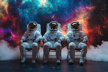 Wall Mural - three astronauts seated in front of a colorful background, ideal for use in space-themed illustratio