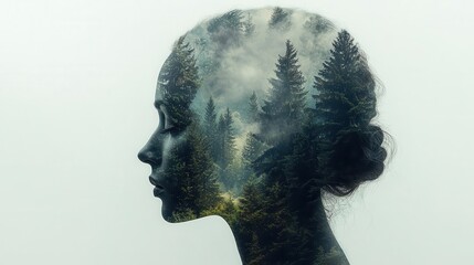 Wall Mural - outline of a human head filled with a serene landscape representing inner peace and mental tranquility with ample white space for text or concepts