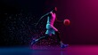 © Paisan - A basketball player performs a powerful run, holding a ball. Vibrant colors spray around, creating energy. The background is dark and full of color. Sport Vibes Concept
