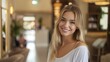 © Pete - Young woman with blonde hair smiles in indoor spa setting. She wears white top, surrounded by beige wall, window, and plant. Elegant, relaxed, and happy face.