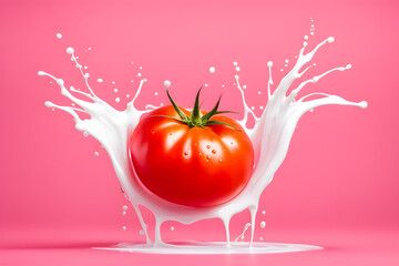 illustration of Tomato and liquid splashing on the pink background.