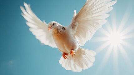 A majestic white dove is seen flying gracefully against a vibrant, blue sky, its wings spread wide with the sunlight illuminating its feathers beautifully.