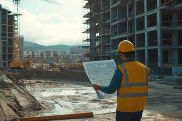 Poster - A construction worker holds a blueprint in front of an under-construction building, perfect for architecture or real estate use.