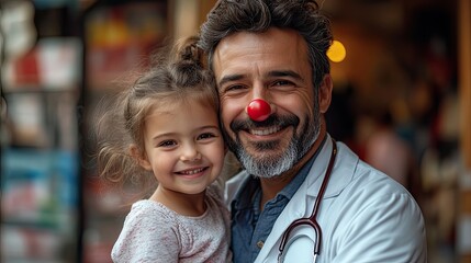 Wall Mural - happy doctor,clown red nose taking care and playing,little girl.illustration