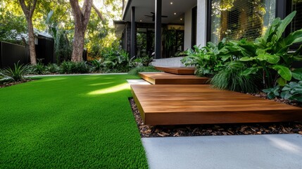 A beautifully landscaped modern home exterior featuring sleek wooden steps, vibrant green lawn, and lush foliage, exemplifying contemporary design and tranquil living.