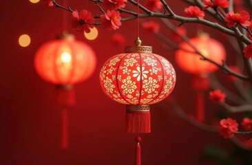 Wall Mural - Chinese lantern ornament decorations for Mid Autumn Festival celebration of luck, health, happiness
and prosperity in Singapore. Generative AI tools