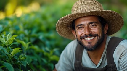 Poster - hardworking and happy ethnic farmer in crops plantation work fair trade concept supporting sustainable farming practices and ethical sourcing labor in tea fields,healthy work conditions