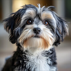 Adorable Havanese dog looking intently with fluffy fur in a close-up portrait showcasing expressive eyes and charming features