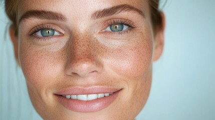 A detailed portrait shows a freckled face with bright blue eyes and a friendly, wide smile, representing joy, openness, and a welcoming demeanor.