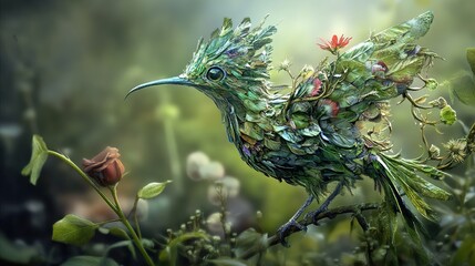 Poster - Hummingbird Made of Leaves: A Surreal Floral Art