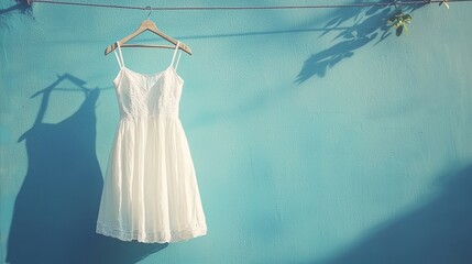 Wall Mural - white summer dress hanging on a line with a soft shadow against a blue wall