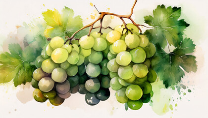 A lush bunch of green grapes, painted in vibrant watercolor, with a few grapes transitioning to a deep blue