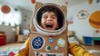 © WiFi - A young boy wearing a handmade astronaut suit crafted from a cardboard box is joyfully playing in his bedroom.