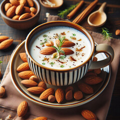 Warm almond milk in a striped cup with whole almonds and mint