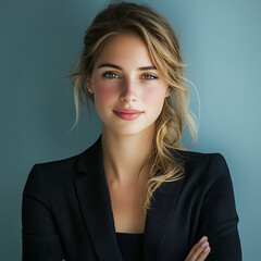 A portrait of a young  Professional woman with a natural look  simple color background.