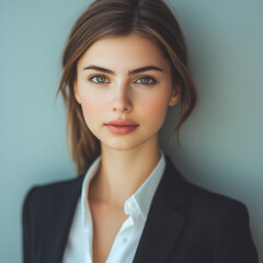 A portrait of a young  Professional woman with a natural look  simple color background.