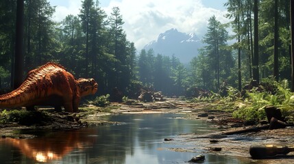 Poster - Dinosaur in a Lush Forest Landscape