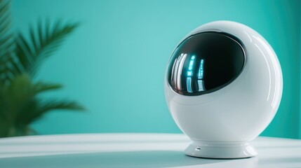 A cutting-edge design featuring a futuristic white sphere with a reflective black visor, showcasing a modern, sleek style, embodying mystery and advanced technology.