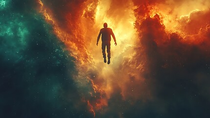 A silhouette of a man levitating in a colorful cosmic sky.