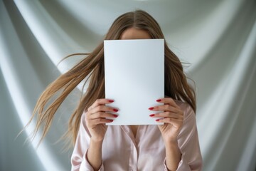 A woman with long hair is holding a blank sheet in front of her face, captured in soft lighting against a gentle backdrop