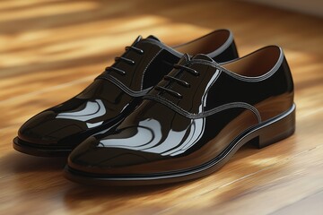 Two black shoes with laces on a wooden floor. The shoes are black and have a shiny appearance. pair of classic black shoes, wooden floor